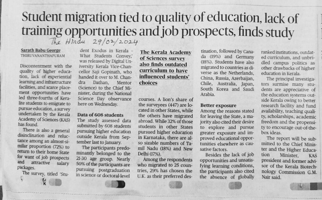 The Hindu report on our Study -Student Exodus from Kerala